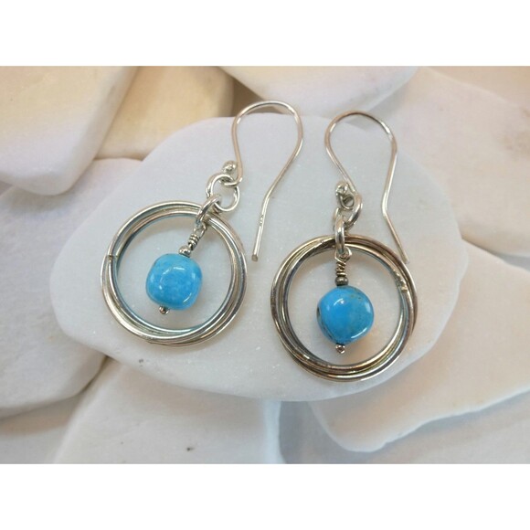 Sterling Silver Natural Turquoise Bead Hoop Earrings Minimalist Handmade - Picture 6 of 6